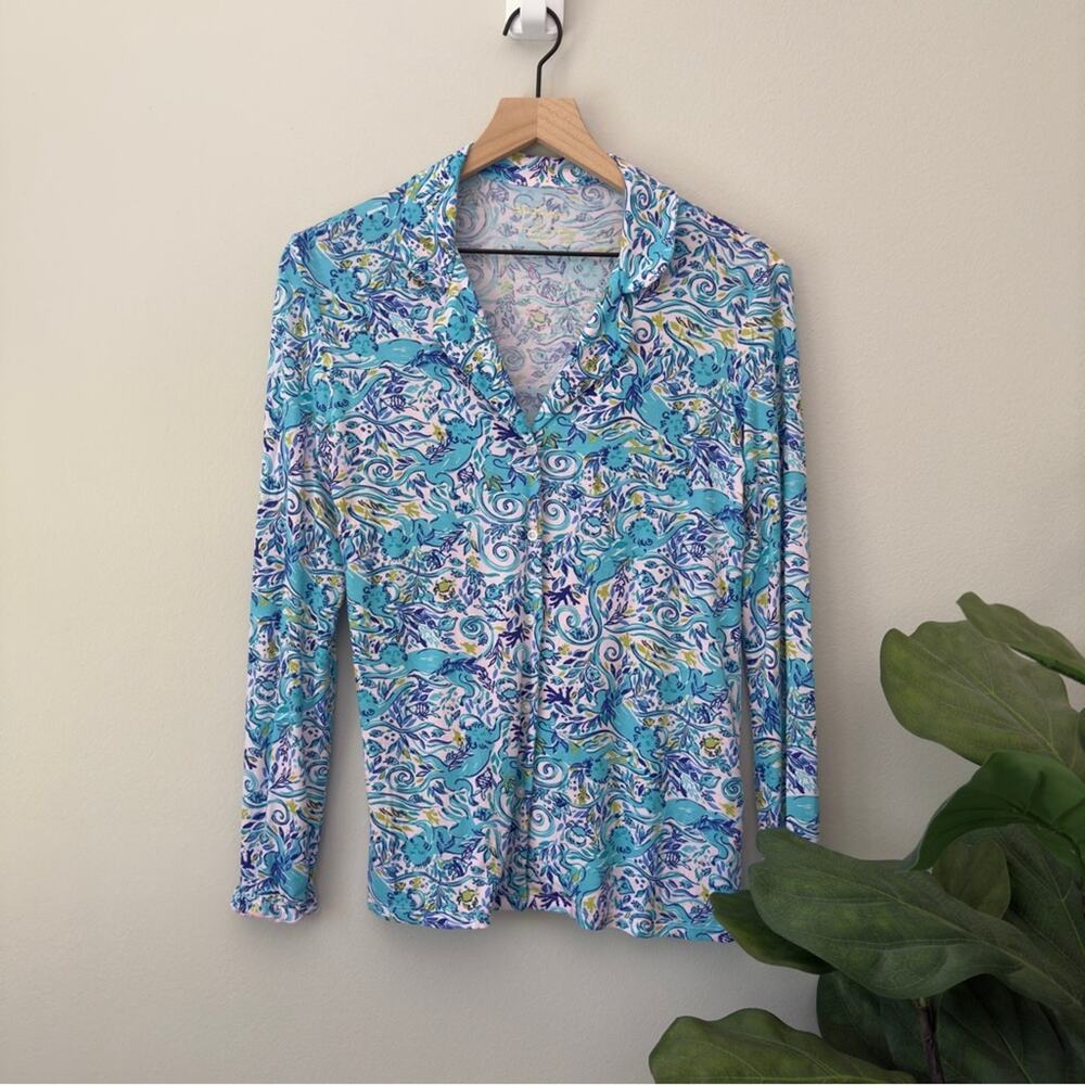 Lilly Pulitzer Button Down Pajama Top Collared Monkey Pattern Preppy Long Sleeve